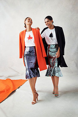 Conjuntos de nova de moda amarillo y naranja con falda, abrigo.: Fotografía de moda,  Desfile de moda,  modelo,  Semana de la Moda,  vestidos de lentejuelas,  Traje amarillo y naranja,  Listo para usar  
