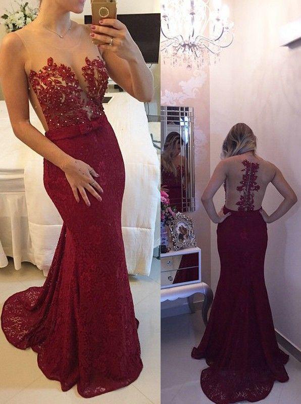 Nueva llegada 2016 vestido de fiesta de encaje burdeos, vestido de fiesta largo de sirena, vestidos de fiesta de color rojo vino, vestido de fiesta de noche, vestido formal de mujer: vestido de noche  