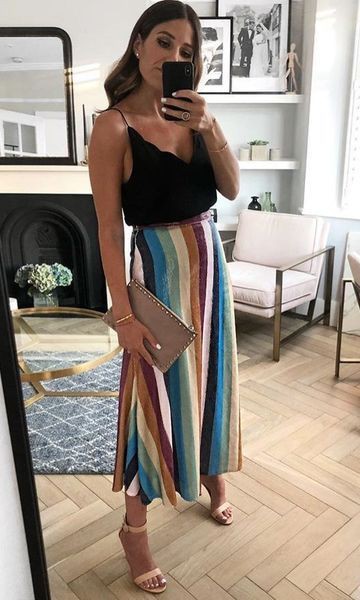 Traje elegante turquesa con falda larga twinset, modelo de moda: modelo,  Falda a rayas,  Ropa formal,  Atuendos Informales,  FALDA VUELO  